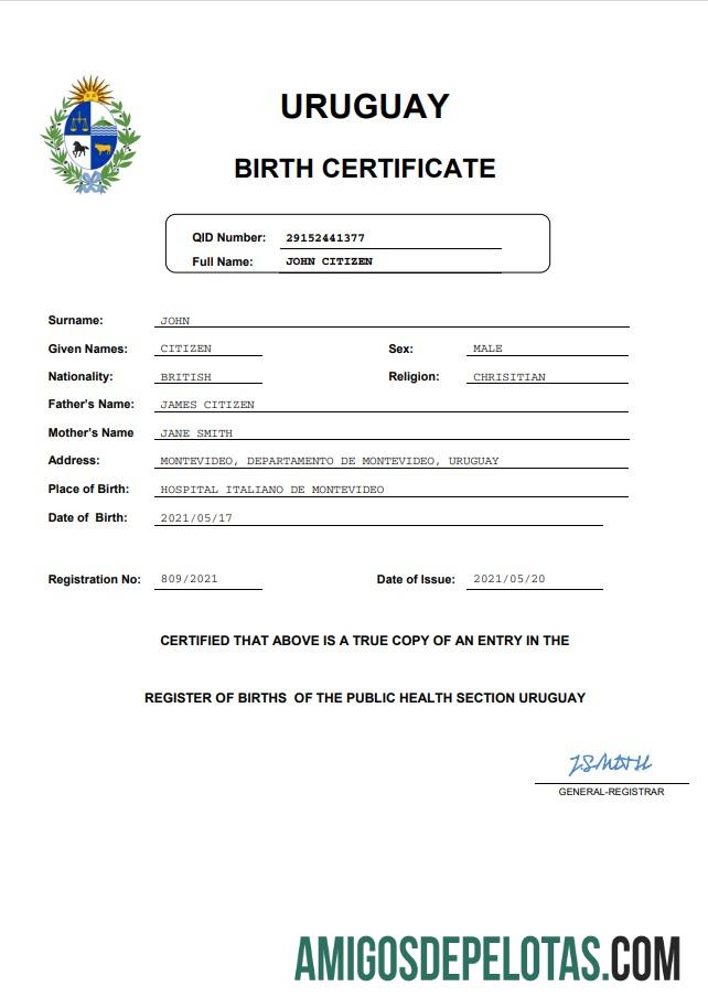 Realista modelo Word e PDF de certidão de nascimento de registro vital do Uruguai